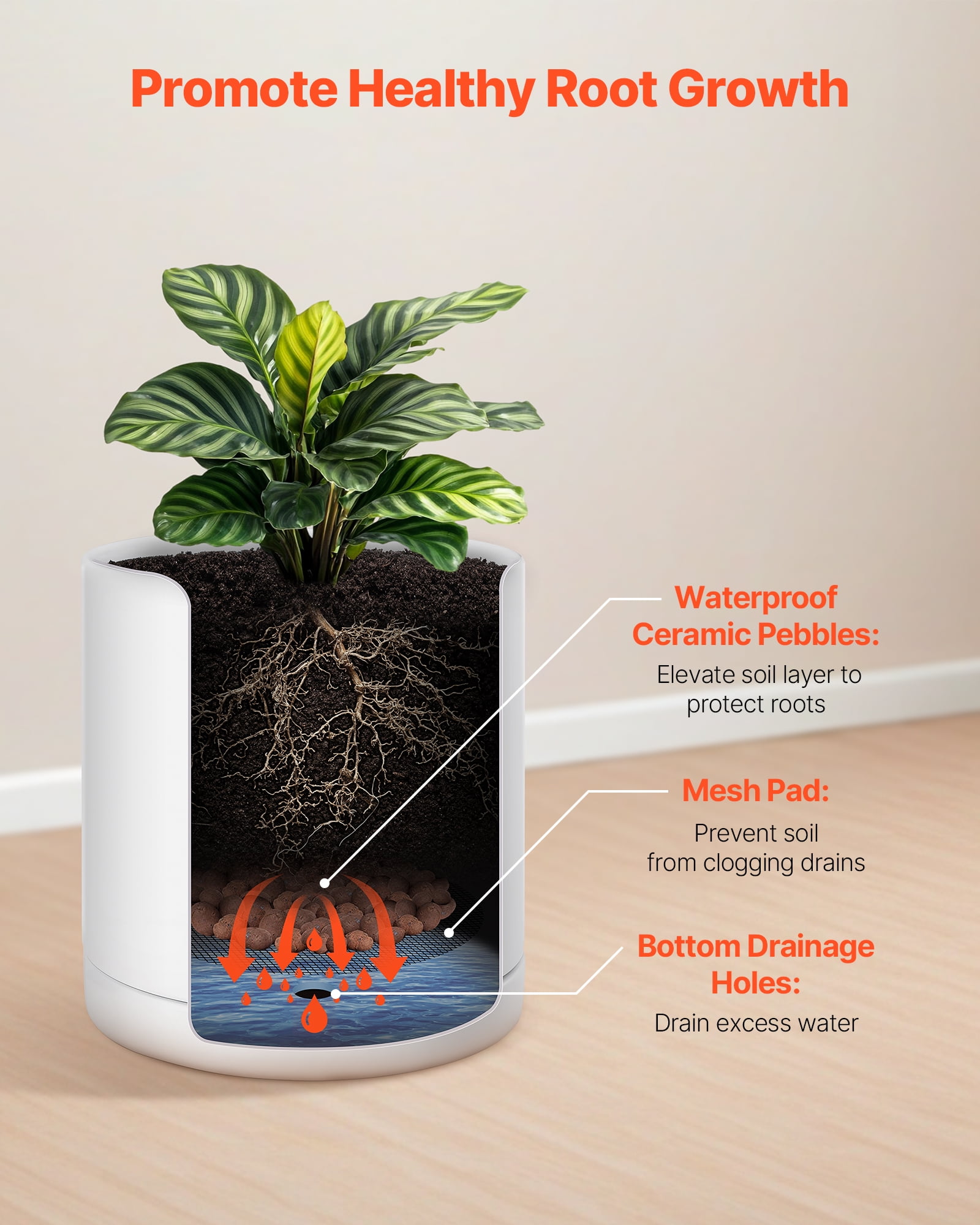 VEVOR Plant Pot, 12-Inch Large Cylinder Planter with Drainage Holes, Non-Slip Pads & Detachable Saucer, Modern Ceramic Flower Pots, Indoor and Outdoor Tree Planter Pot, Home & Office Decorations
