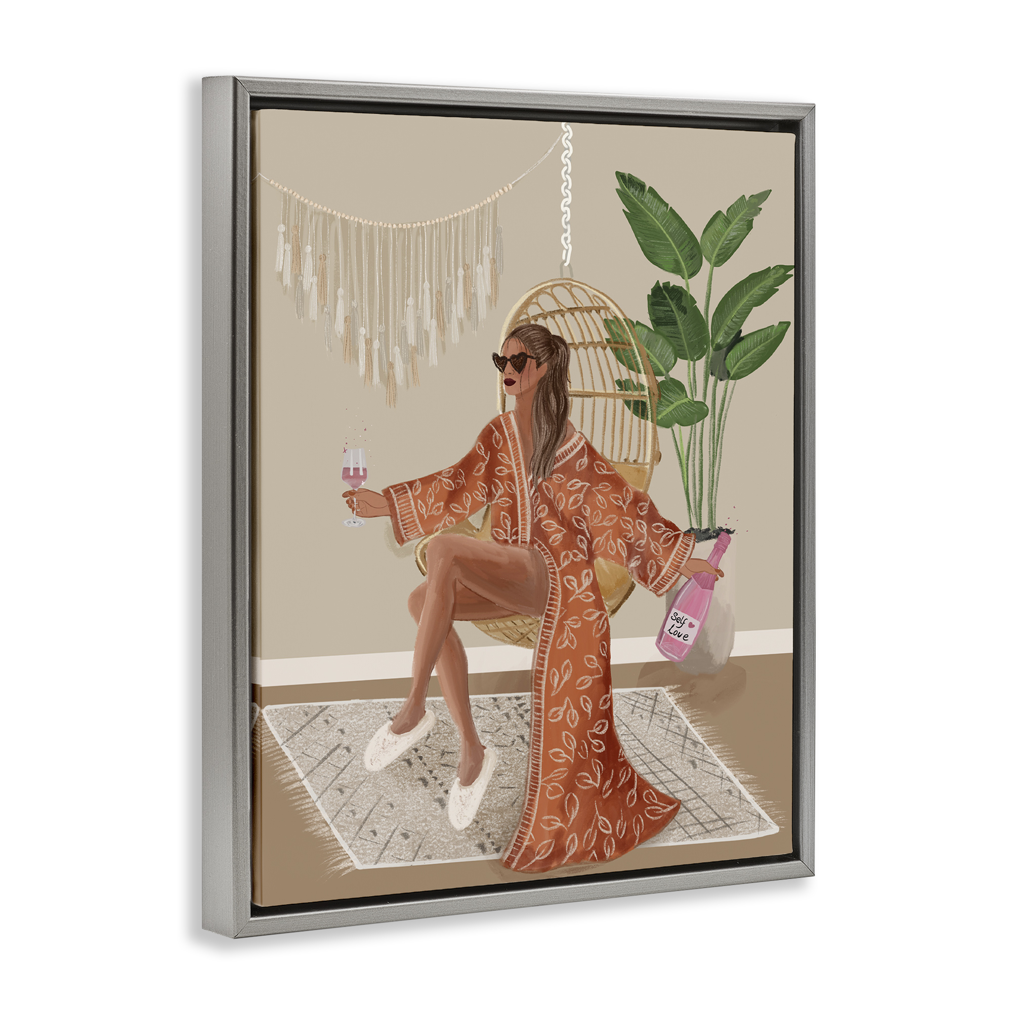 Stupell Industries Boho Glam Girl Novelty Painting Gray Floater Framed Art Print Wall Art, 25 x 31