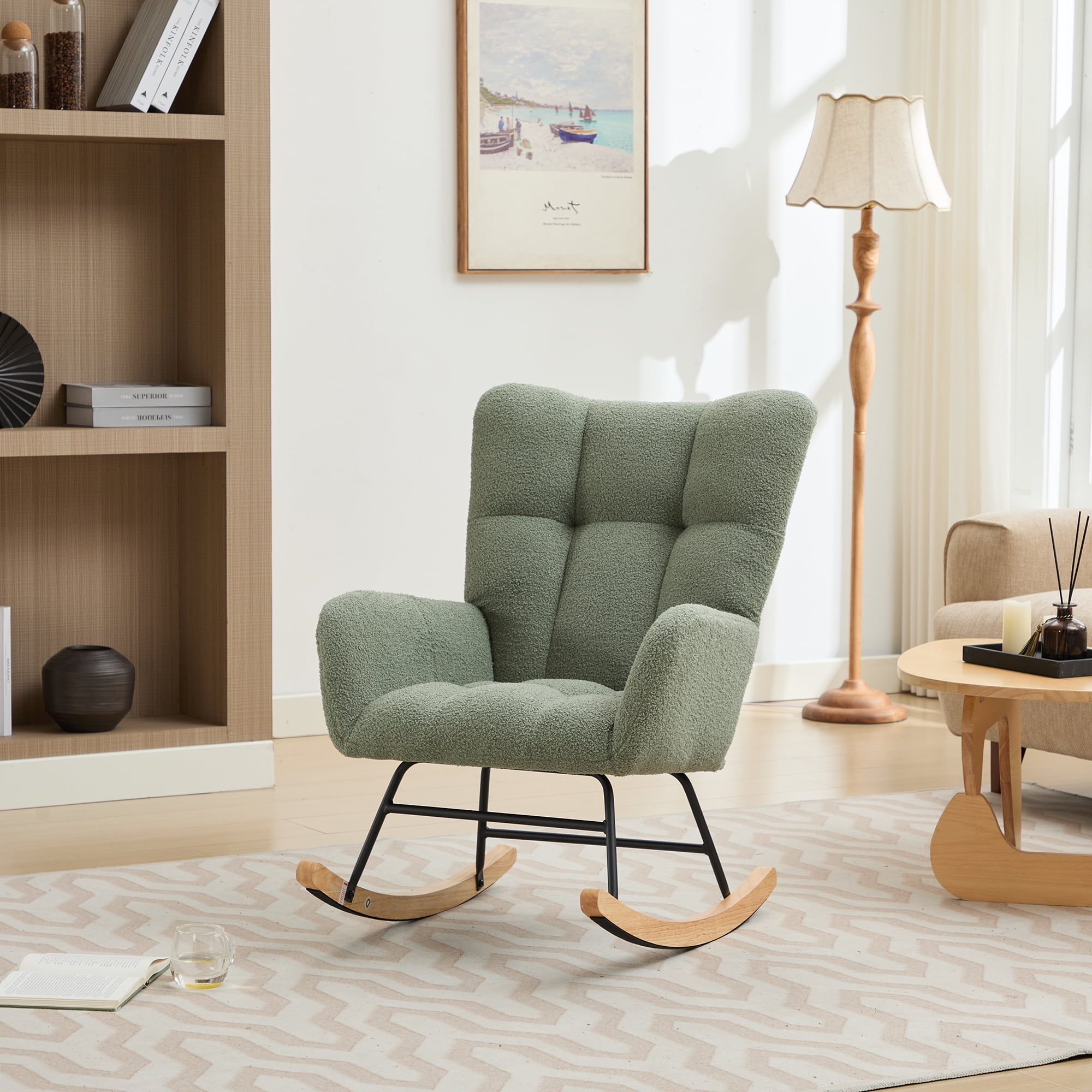 BISHE Modern Nursery Rocking Chair Upholstered Glider Chair with High Backrest Rocker Accent Armchair with Solid Wood Legs for Nursery Bedroom Living Room Teddy, Green
