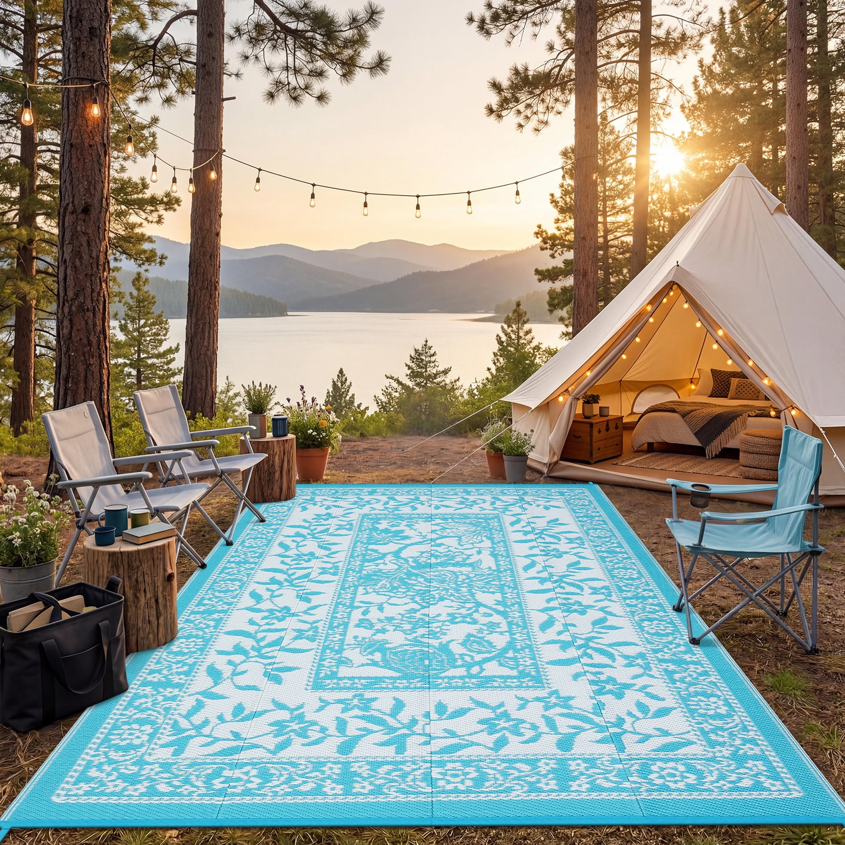 Garvee Outdoor Rug 8x10ft Waterproof Reversible Foldable Plastic Straw Rug, Modern Floral Border Outdoor Mat for Patio, Camping, RV, Deck, Porch, Balcony, Light Blue/White