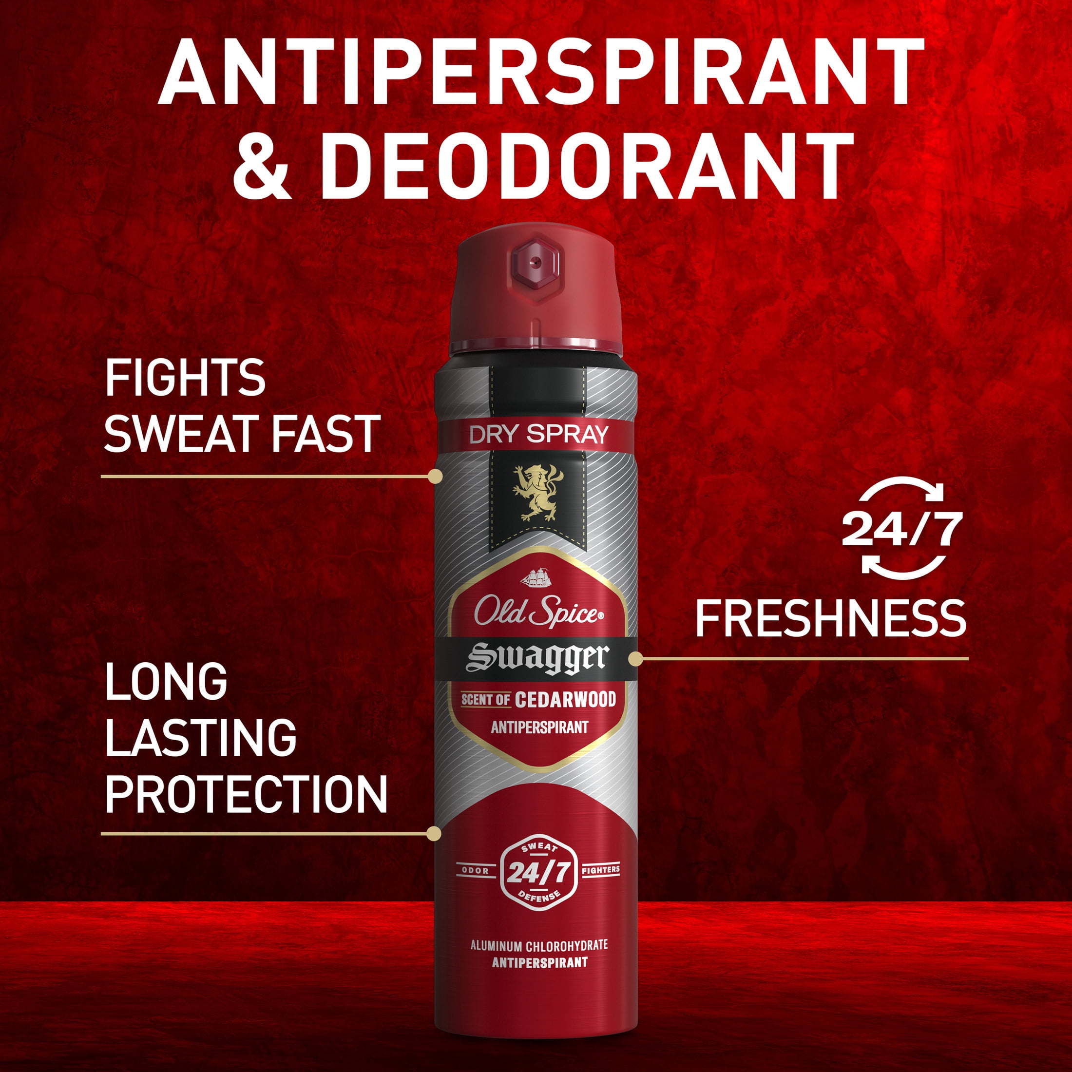 Old Spice Body Spray for Men, Antiperspirant, Swagger, 24/7 Sweat & Odor Protection, 4.3 fl oz, 2-Pack