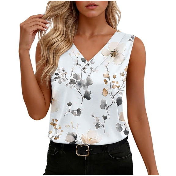 Fewfanhot Women's Satin V-Neck Tank Top with Print, Smooth Sleeveless Shirt for Casual Evening Dressy Blouses Tunic