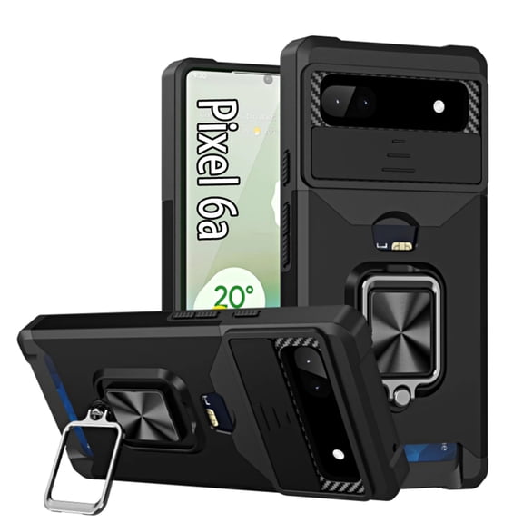 Daxi for Google Pixel 6a Phone Case with Card Holder, Ring Holder, Rugged Protective Shell -Black