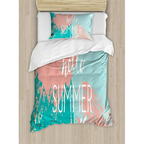 Quote Decor Twin Size Duvet Cover Set, Hello Summer Lettering Image with Splash Colored Like Background Artwork Print, Decorative 2 Piece Bedding Set with 1 Pillow Sham, Multicolor, by Ambesonne