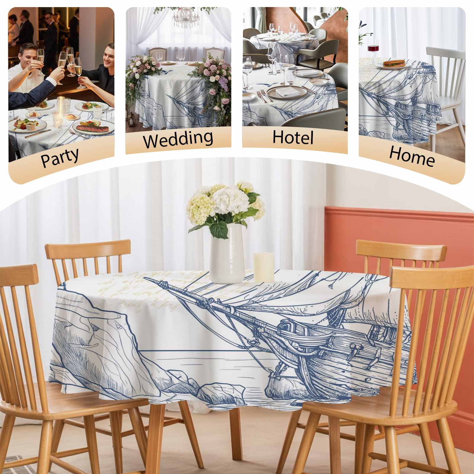 Round Tablecloth Blue Nautical Boat Waterproof Oil Proof Polyester Table Cloth Cover Decor for Home Dining Outdoor,Patio,Parties, 60" Dia. Classic Ocean Lighthouse Sailing Anchor