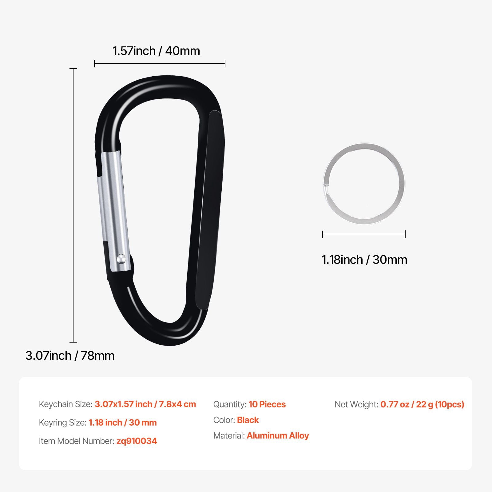 10-Pack Aluminum D-Ring Carabiner Keychains with 20 Keyrings, 166LBS Aircraft Grade Anodized Clip, Lightweight Spring Snap Hook for Backpack Camping