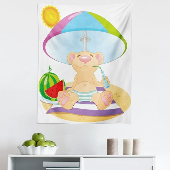 Cartoon Tapestry, Bear on the Beach Sunbathing Summer Day with Watermelon Cheerful Design, Fabric Wall Hanging Decor for Bedroom Living Room Dorm, 5 Sizes, Multicolor, by Ambesonne