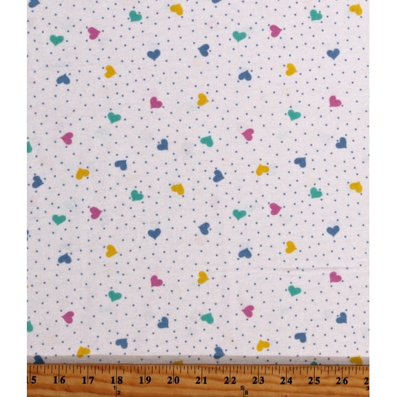 Flannel Colorful Hearts and Blue Polka Dots Allover on White Kids Babies Baby Cotton Flannel Fabric Print by the Yard (50441-124)