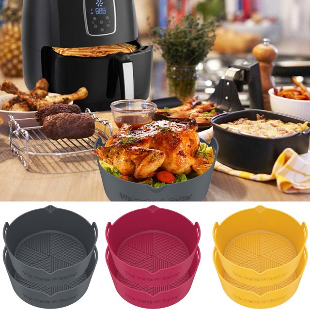 2Pcs Air Friteuse Pot de Silicone avec Poignée Réutilisable Air Friteuse Doublure Résistant à la Chaleur Poêle à Frire en Silicone pour Four à Frire à Air Micro-Ondes
