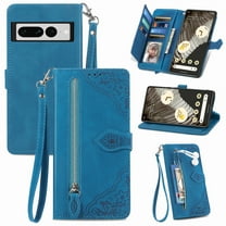 for Google Pixel 7 Pro Wallet Case, [Flower Embossed] Premium PU Leather Wallet Flip Protective Phone Case Cover with Card Slots and Stand with Wrist Strap for Google Pixel 7 Pro, Blue