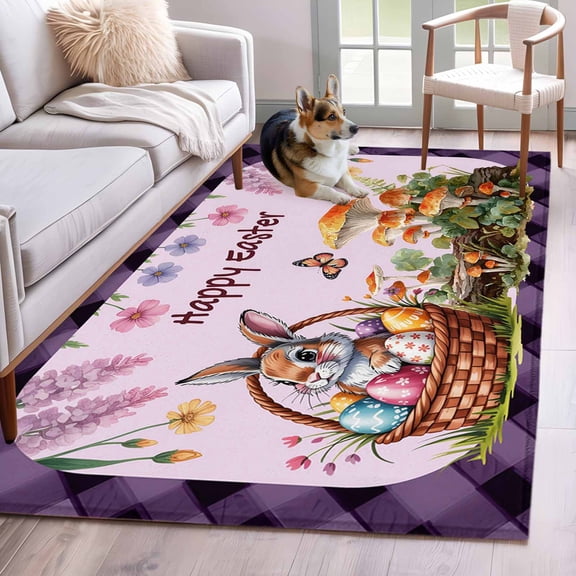 Happy Easter Area Rug 4'x6', Bunny Eggs Spring Mushrooms Plants Purple Plaid Washable Non-Slip Rugs, Low Pile Large Carpet for Living Room Bedroom Dining Room Kitchen Office Indoor Mat