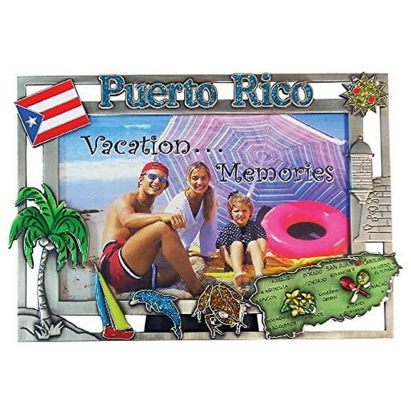 Pewter Picture Frame Puerto Rico Souvenir Gift Durable Pewter Flag, Island Map and Palm Tree Photo Frames 4x6 - Great San Juan Gift Idea
