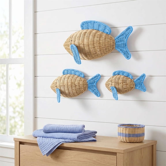 3Pc Wicker Fish Wall Decor ,Plastic Rattan Fish Wall Hanging Decoration,Hanging Beach Ocean Woven Wall Decor for Home, Fish Shape Wall Ornament for Living Room Bathroom 9.06X6.5X2.56 In