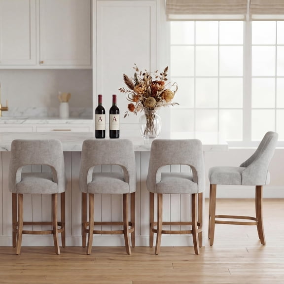Light Grey Upholstered Counter Height Bar Stools Set of 4, Mid-Century