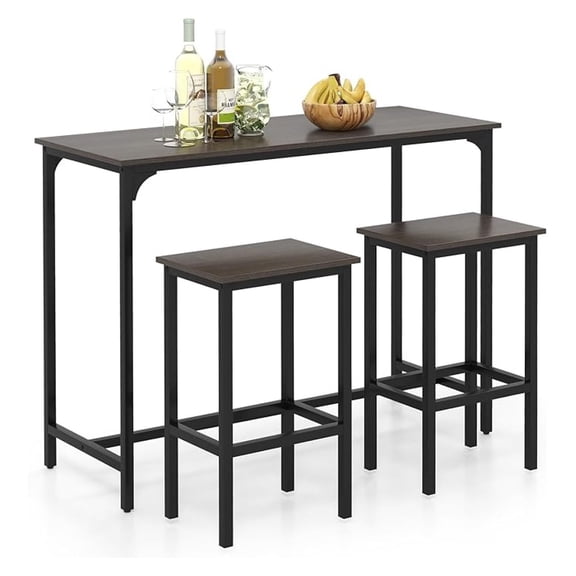 3-Piece Bar Table Set, Industrial Counter Height Kitchen Table and 2 Stools with Metal Frame, Rectangular Pub Table Set for Dining Room, Breakfast Nook, Small Space, Grey