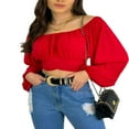 thumbnail image 1 of Women Tie Back Crop Top Off Shoulder Puff Sleeve Ruched Bust Tops Shirt Blouse, 1 of 4
