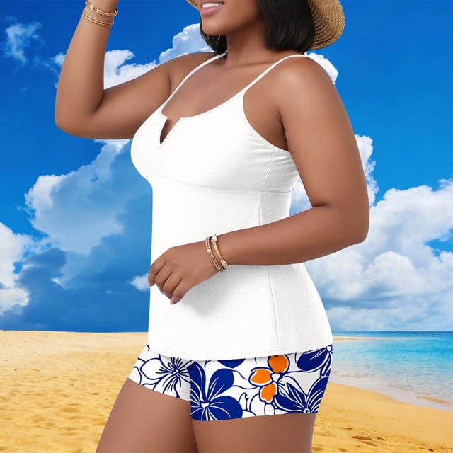 NSLGXD Women's Tankini Swimsuits Plus Size Modest Tummy Control Bathing Suit Adjustable Spaghetti Straps Soft Stretchy Tankinis with Boyshort White Bathing Suits,Size XL-5XL