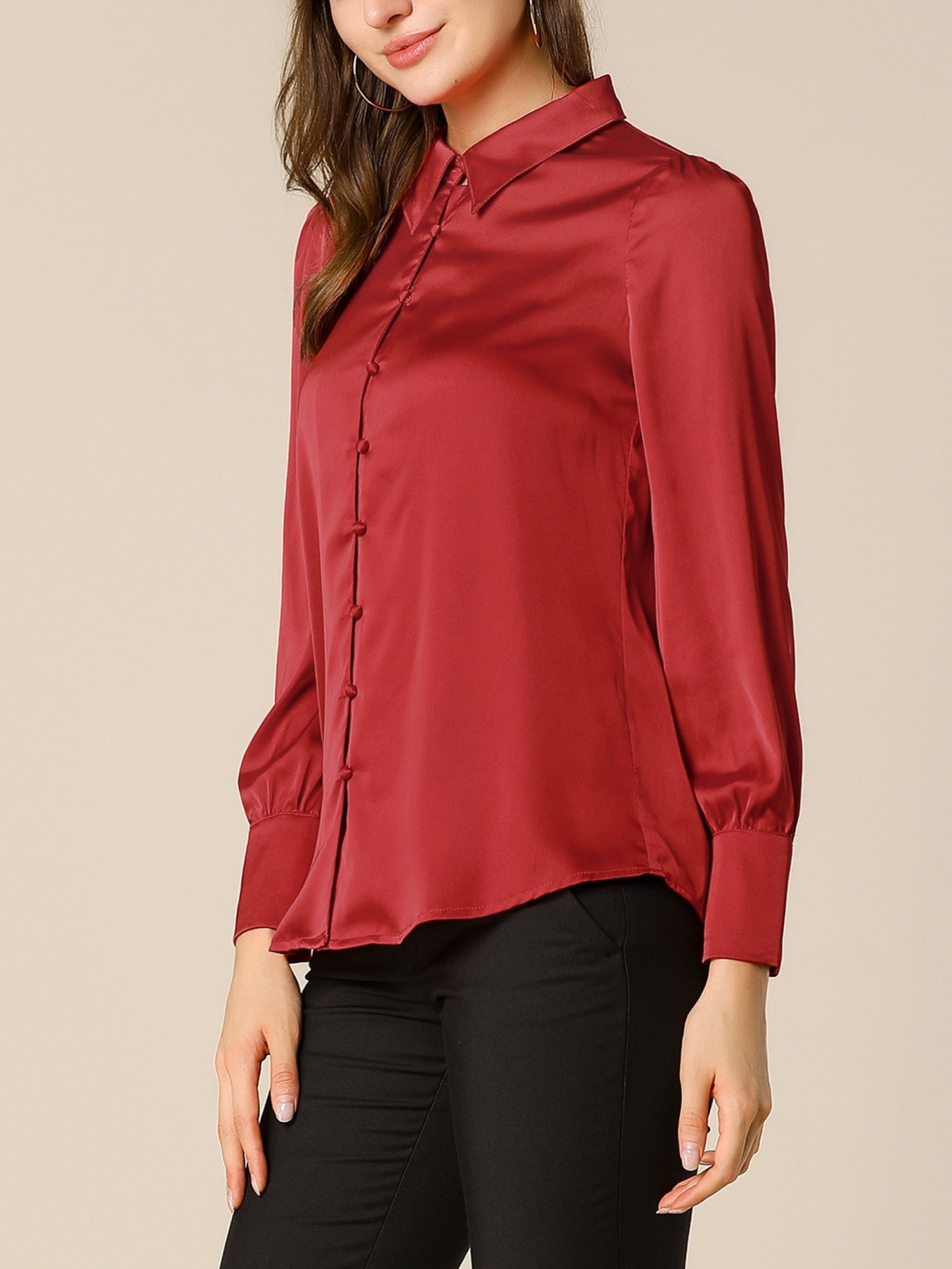 DARING DIVA Women's Satin Blouse Puff Long Sleeve Collared Button Down Shirt XL Red