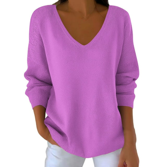 HAiming Womens Knit Sweater Long Sleeve V Neck Lightweight Solid Color Loose Ribbed Pullover Tops Trendy Clothes