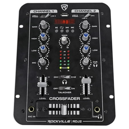 Rockville RDJ2 2 Channel DJ Mixer with USB, Cue Monitor, Talkover, 4 Line Inputs