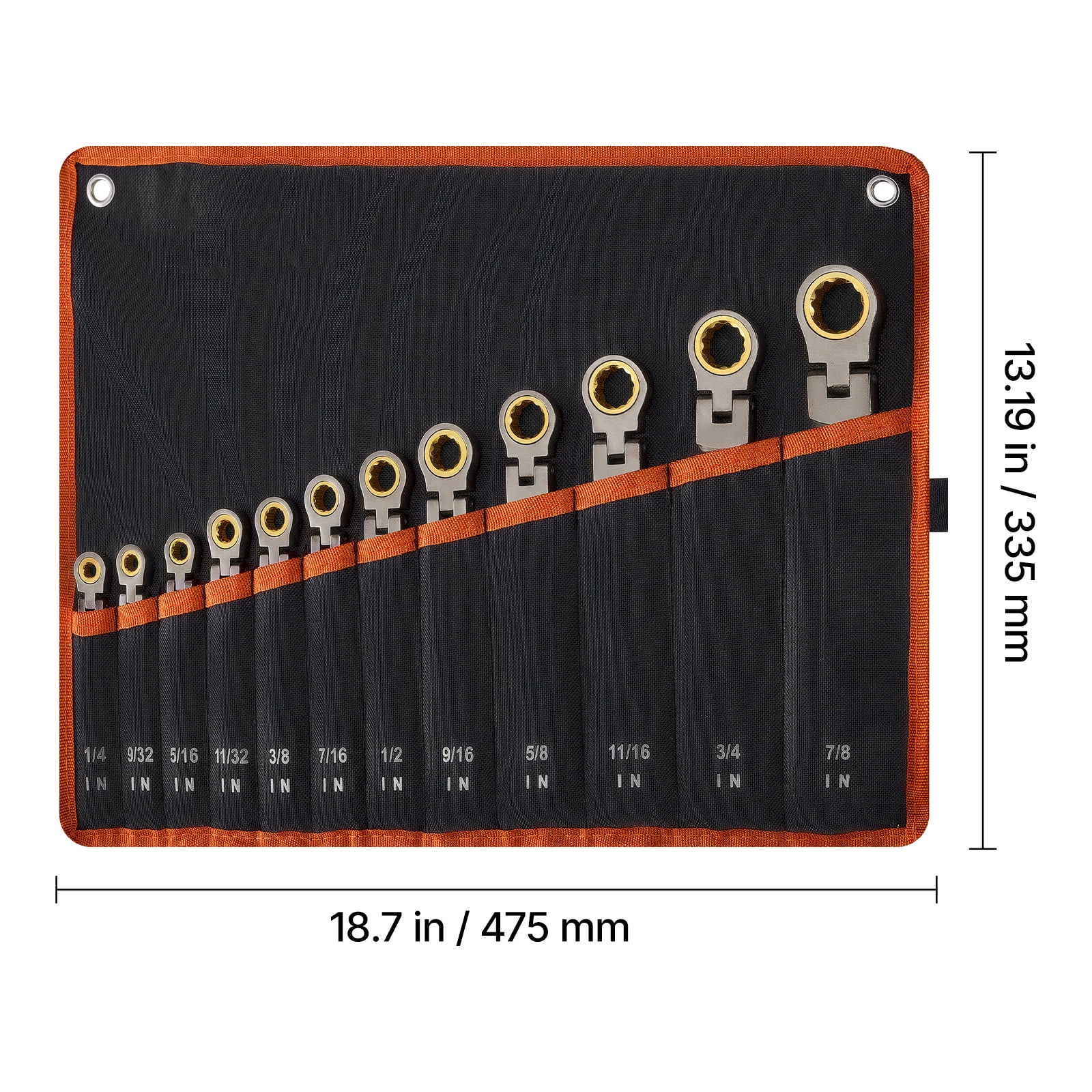 KFFKFF 12-Piece Flex-Head Ratcheting Wrench Set, SAE Sizes, 72-Tooth Cr-V Steel Combination Wrenches with Roll-Up Pouch, Ideal for Household and Automotive Maintenance, Gray Nickel Finish
