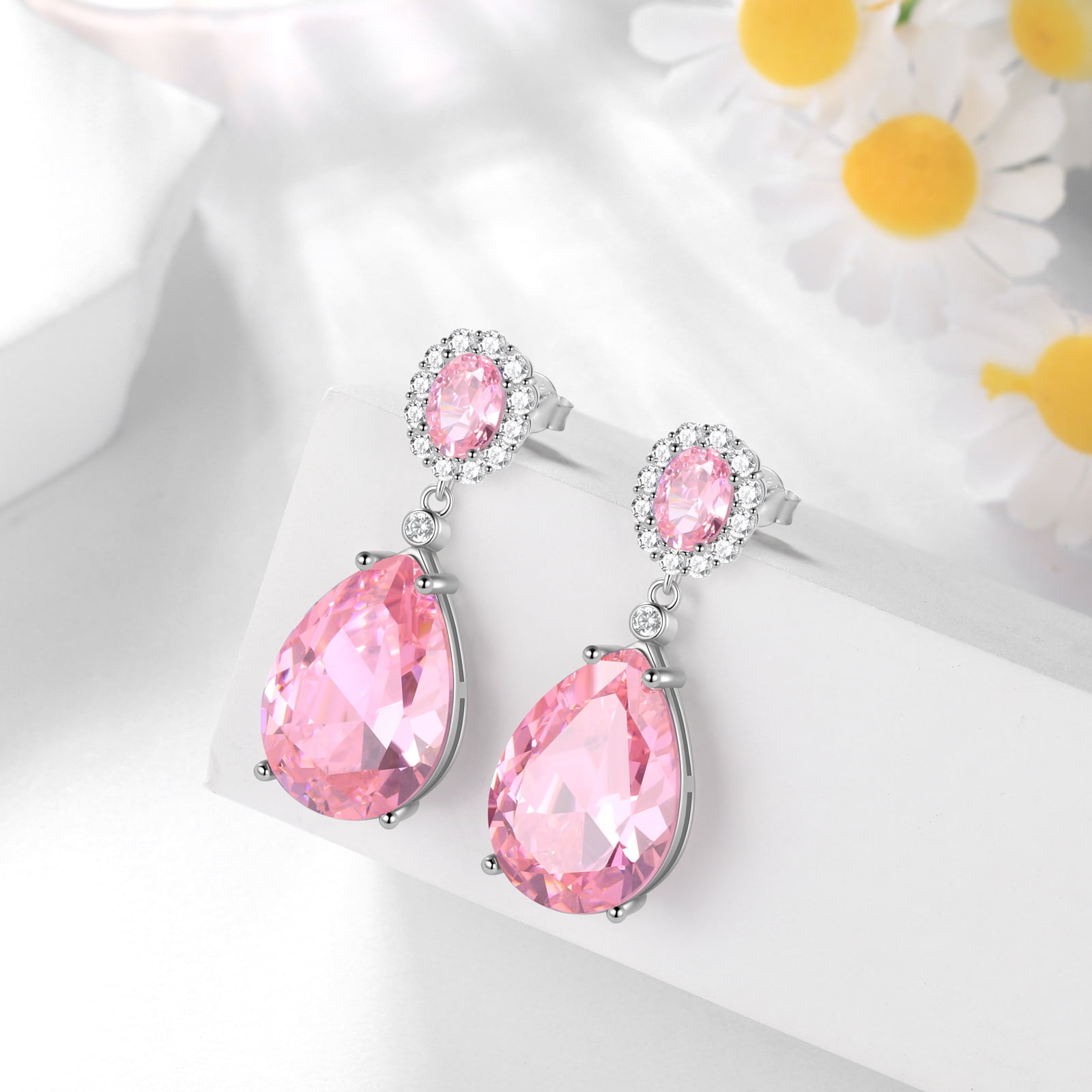 Juwaliy 10Ct Pink Women Dangle Earrings Teardrop October Birthstone Tourmaline Earring Jewelry 925 Sterling Silver Mom Birthday Christmas Valentine's Day Gift