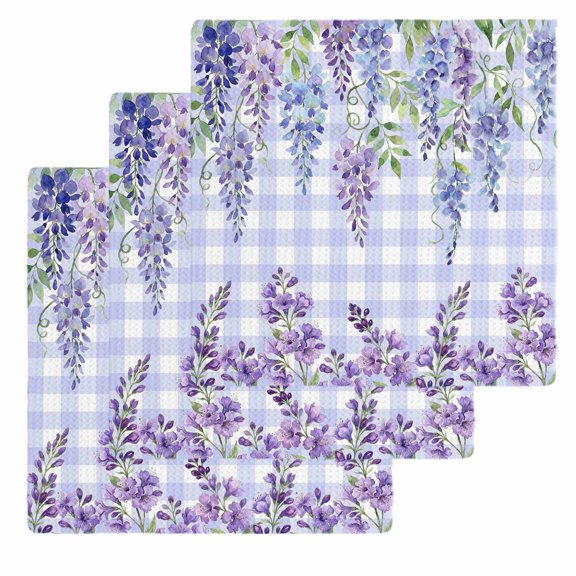 Purple Flowers Kitchen Dish Towels for Drying Dishes Set of 3, Weeping Spring Floral Checkered Pastoral Waffle Weave Microfiber Hand Tea Bathroom Towels Quick Dry & Absorbent Towel 12x12