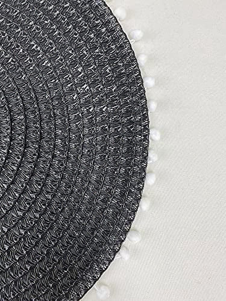 Fennco Styles Pom Pom Textured Placemats 15 Inches Round, Set of 4 – Black Modern Traycloth Table Mats for Home, Dining Room Décor, Banquets, Indoor & Outdoor and Special Events