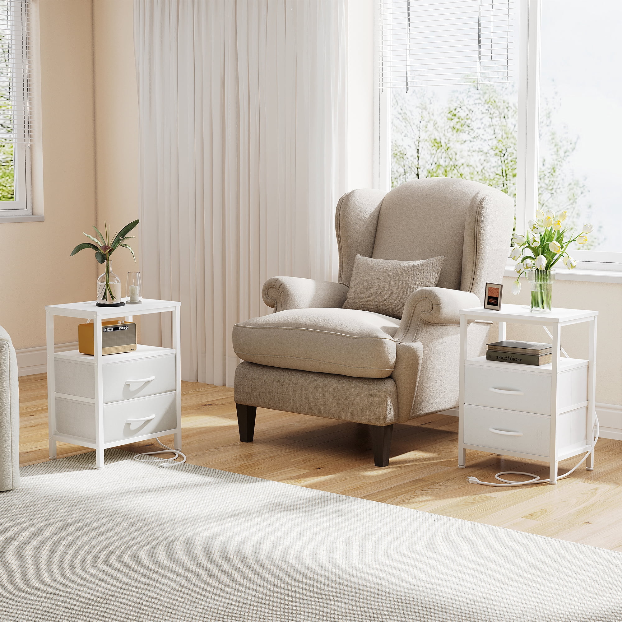 CONCETTA Set of 2 Small Nightstand with Charging Station, 2 Fabric Drawer, End Table with USB Ports and Outlets for Bedroom, White