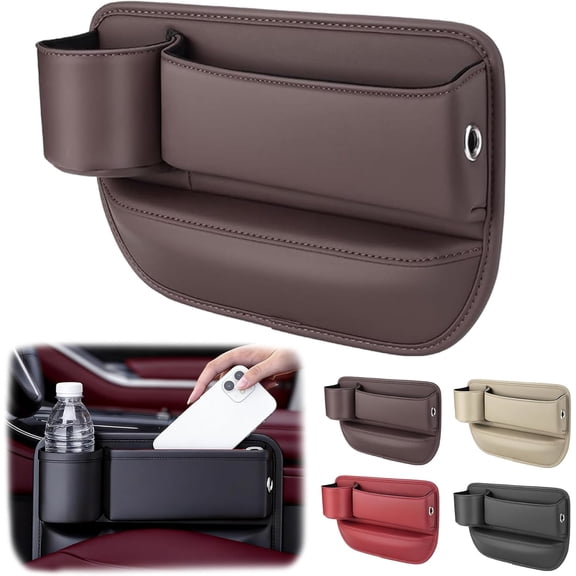 Car Leather Cup Holder Gap Bag, 2026 New Seat Gap Storage Box with Cup Holder, Seat Storage Box Gap Filler Organizer for Phones Glasses Keys Cards (Driver Side, Brown)