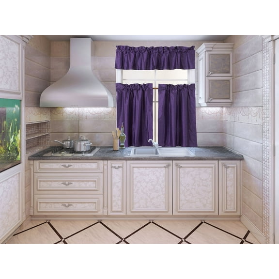 3-Piece K3 Purple Blackout Rod Pocket Kitchen Curtain Set, Two (2) Geometric Design Tier Panels with One (1) Matching Swag Valance Included
