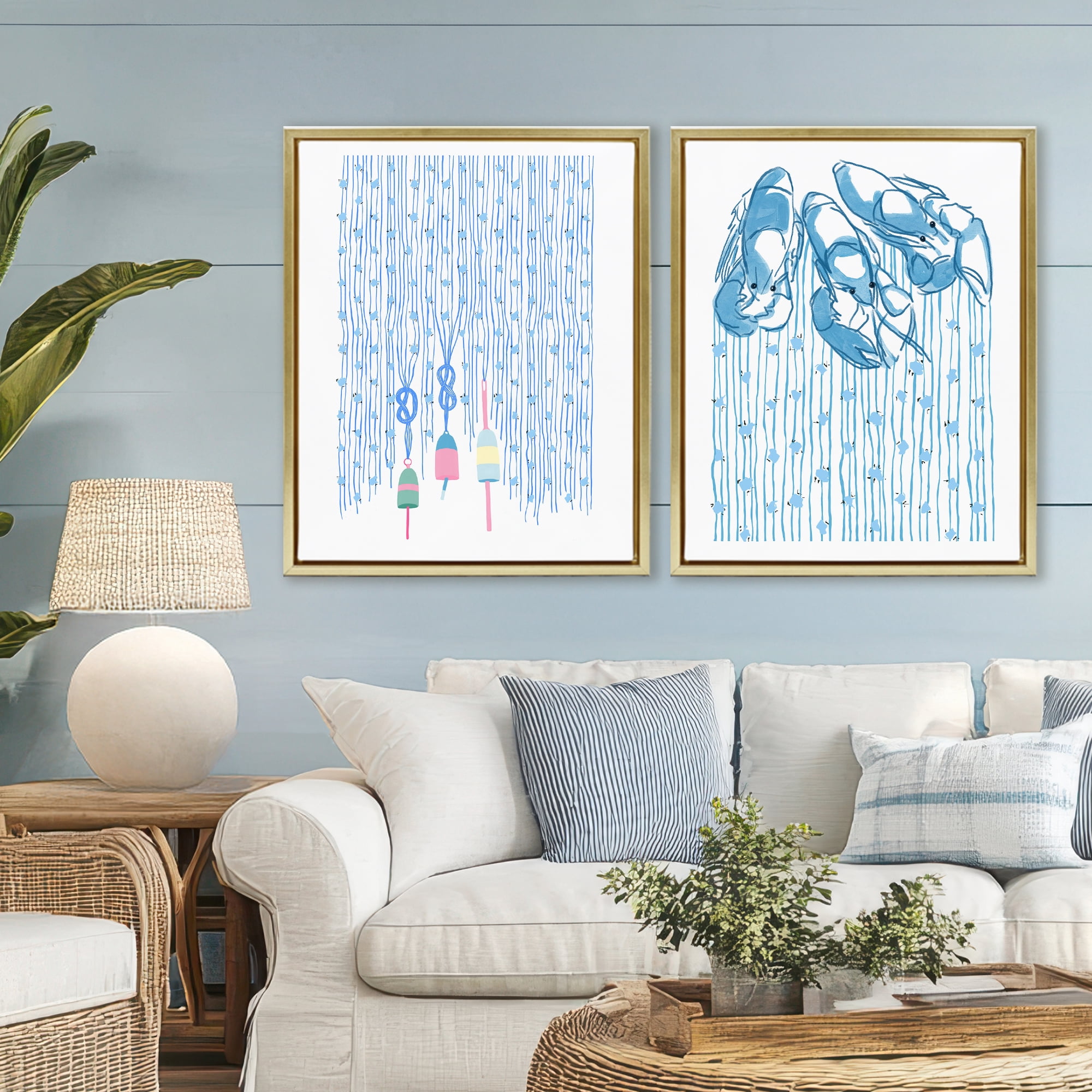 Stupell Industries Nautical Buoys & Lobsters 2 Piece Gold Framed Floater Canvas Set, design by Melissa Tilley