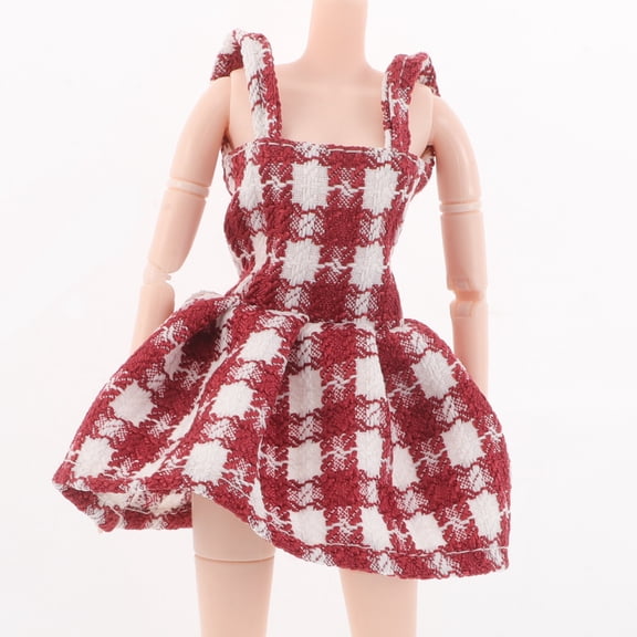 HONMEET Doll Outfit Christmas Suspender Skirt Red Plaid Checkered Dress Miniature Holiday Decor Festive Winter Party Costume