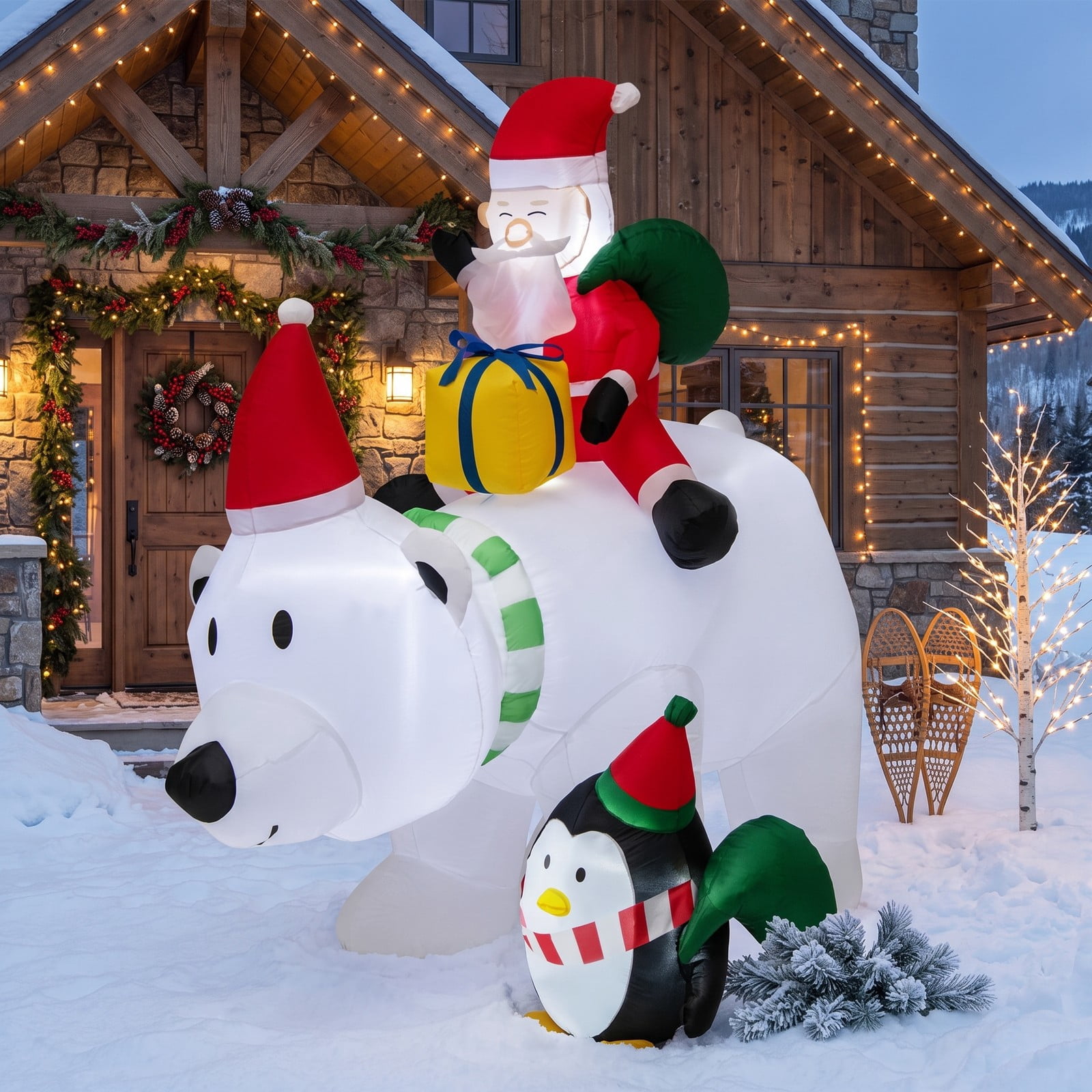 RUIE 7 Ft Inflatable Santa Claus Riding Bear with Penguin, Gift Bags and Gift Box, LED Lighted Christmas Yard Inflatable Blow Up Outdoor Holiday Decoration, Multicolor