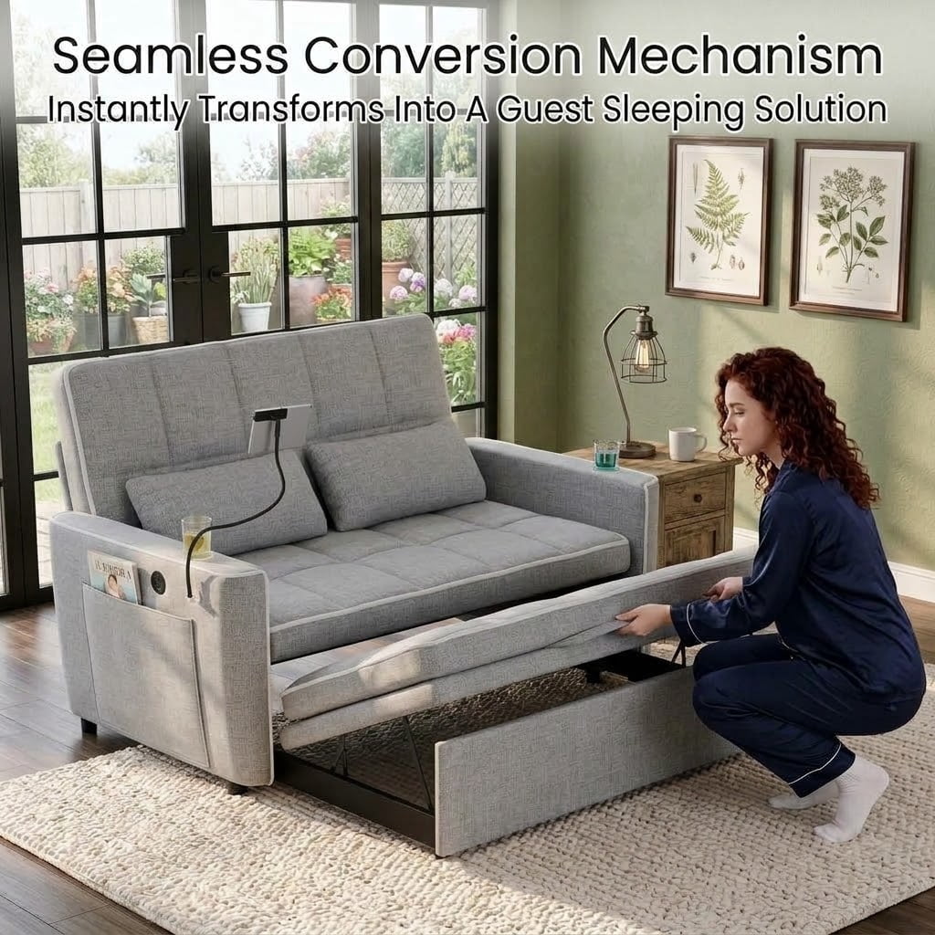 Howcool 54" Convertible Sleeper Sofa Bed, Pull Out Loveseat Couch with USB Port, Phone Holder & Cup Holder, Adjustable Backrest, Velvet Sofa for Living Room, Apartment, Light Gray