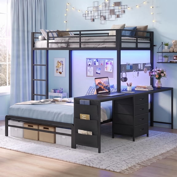 Toogaho Black Bunk Bed Twin over Full Size with LED Lights & Storages & Charging Station, L-Shaped Metal Loft Bed Frame with Desk for Bedroom
