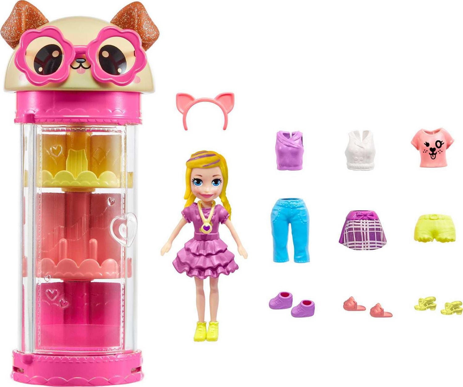 Polly Pocket Style Spinner Fashion Closet Playset with Polly Doll and Puppy Theme, Fashion Tube Collection