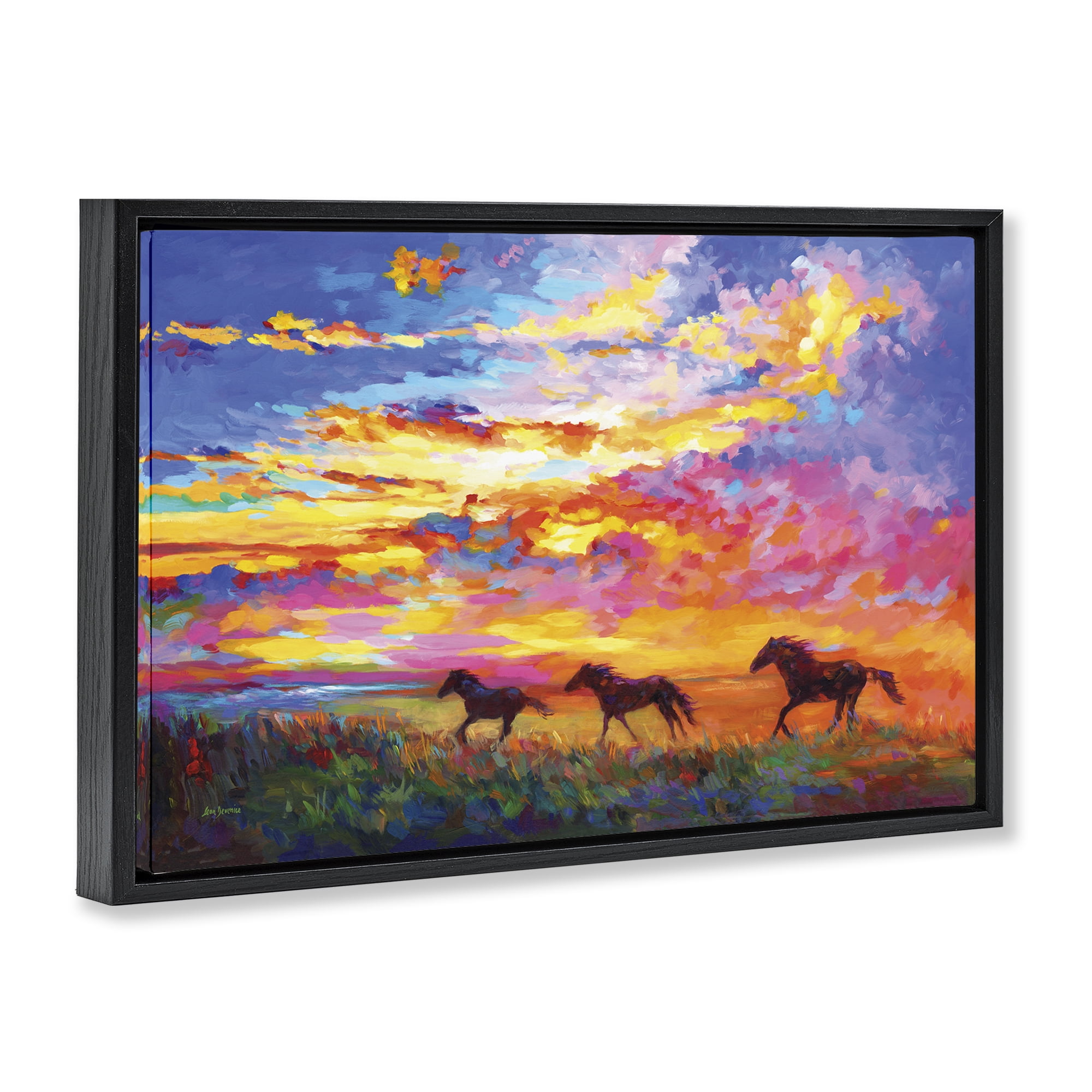 Stupell Industries Wild Horses at Sunset Landscape & Nature Painting Black Floater Framed Canvas Art Print Wall Art, 31 x 21