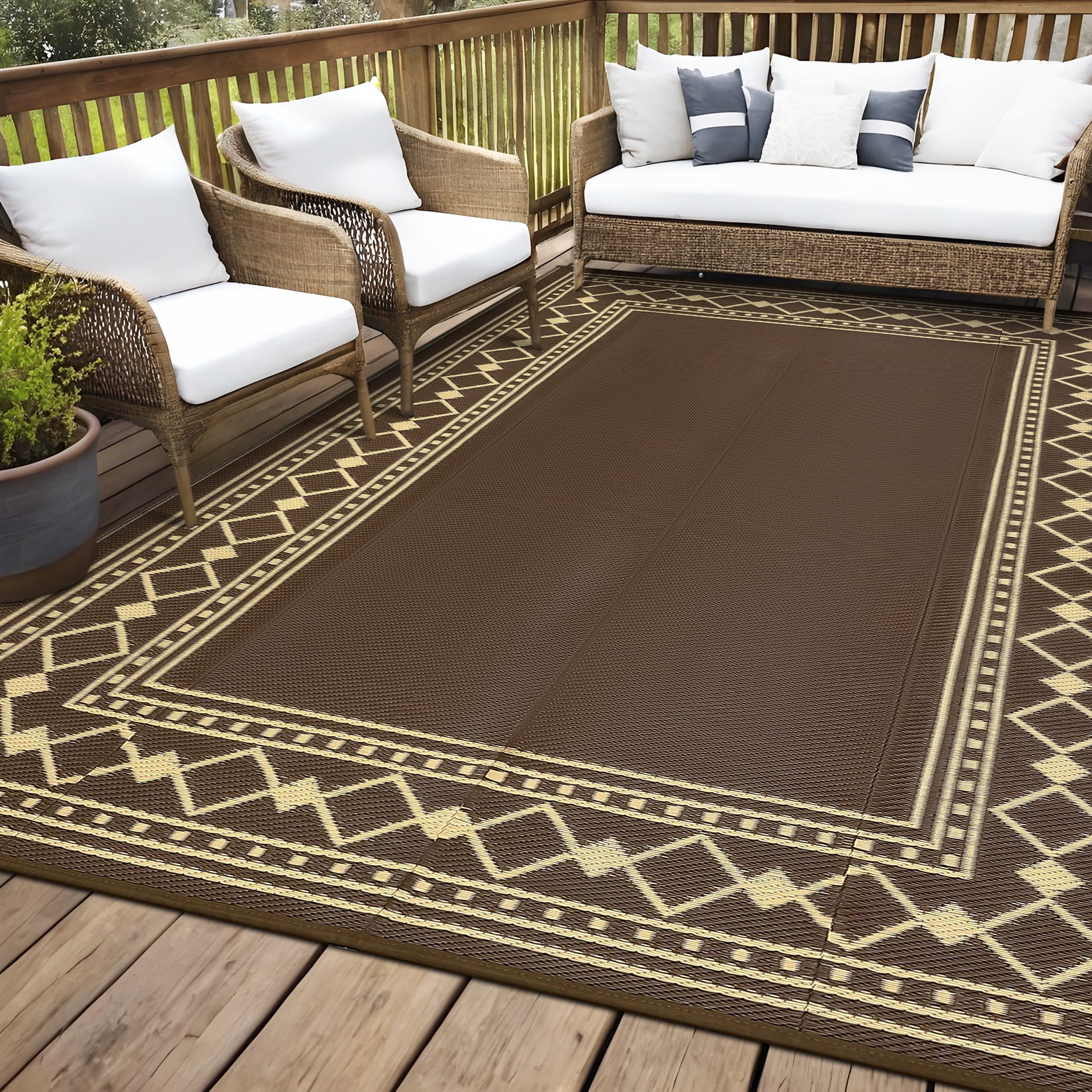 EliteEdge 8*10 Outdoor Rug - Waterproof Double-Sided Plastic Straw Rug, Modern Diamond Border Design P-Tube Outdoor Plastic Mat - Modern - Diamond Double Frame, Suitable for Patio, Camping, Balcony,