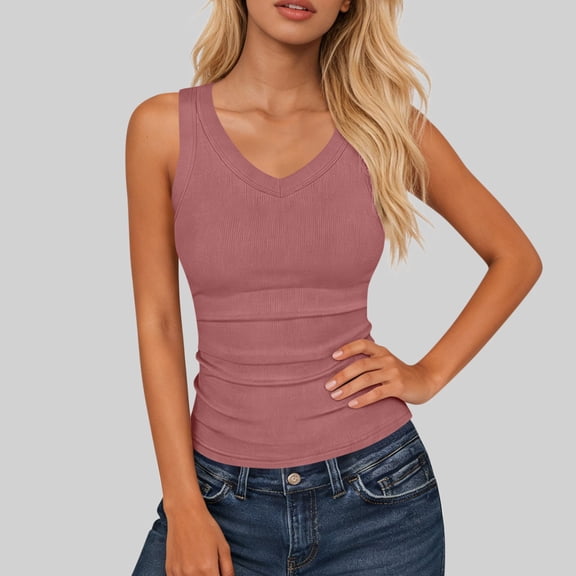Roncen V Neck Racer Back Tank Top for Women Padded Ribbed Long Tank Fitted Basic Cami Tops