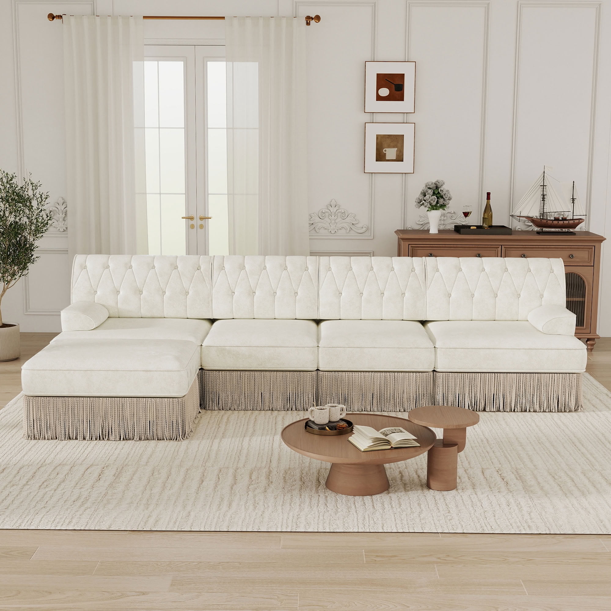 MAYEERTY 135 Inch L-Shaped Sectional Sofa, Pet Friendly Chesterfield Modular Couch with Ottoman, for Living Room Bedroom Rest Area