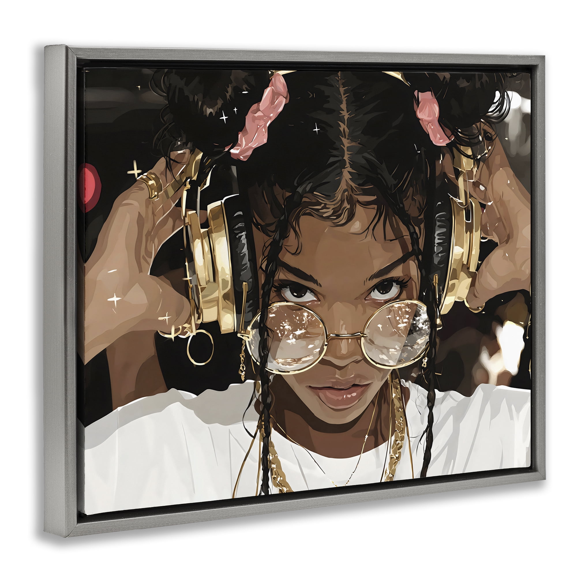 Stupell Industries Trendy Girl with Gold Headphones Gray Framed Floater Canvas Wall Art, design by Franklyn Gregory