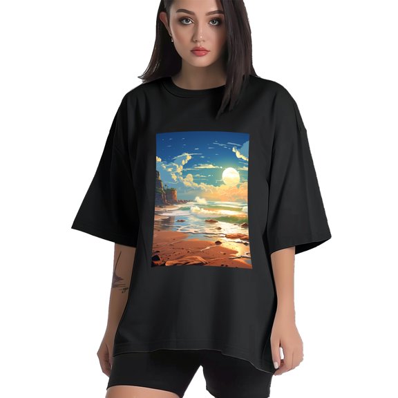 Plus Size Shirt for Women Black Tops for Women Short Sleeves Shirt for Women Seaside (22) T Shirt Crewneck Shirt for Women XS