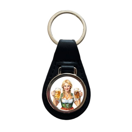 Oktoberfest German Barmaid With A Beer Mugs Metal Black Leather Keychain Oktoberfest German Barmaid With A Beer Mugs Metal Black Leather Keychain