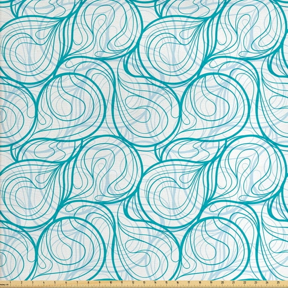 Abstract Fabric by the Yard, Geometric Curvy Pattern of Swirls Illustration Grunge Botanical Themes, Decorative Upholstery Fabric for Chairs & Home Accents, Sea Blue and White by Ambesonne
