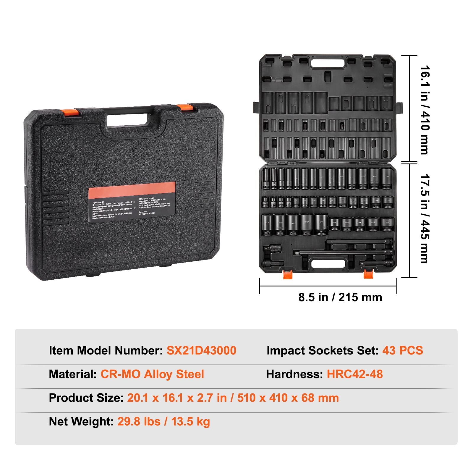 KFFKFF 43-Pc Impact Socket Set, 1/2" Drive, SAE 3/8"-1-1/2", Deep & Shallow, 6-Point, Cr-Mo Steel, for Automotive Repair, Clear Size Labels, Durable, Includes Case