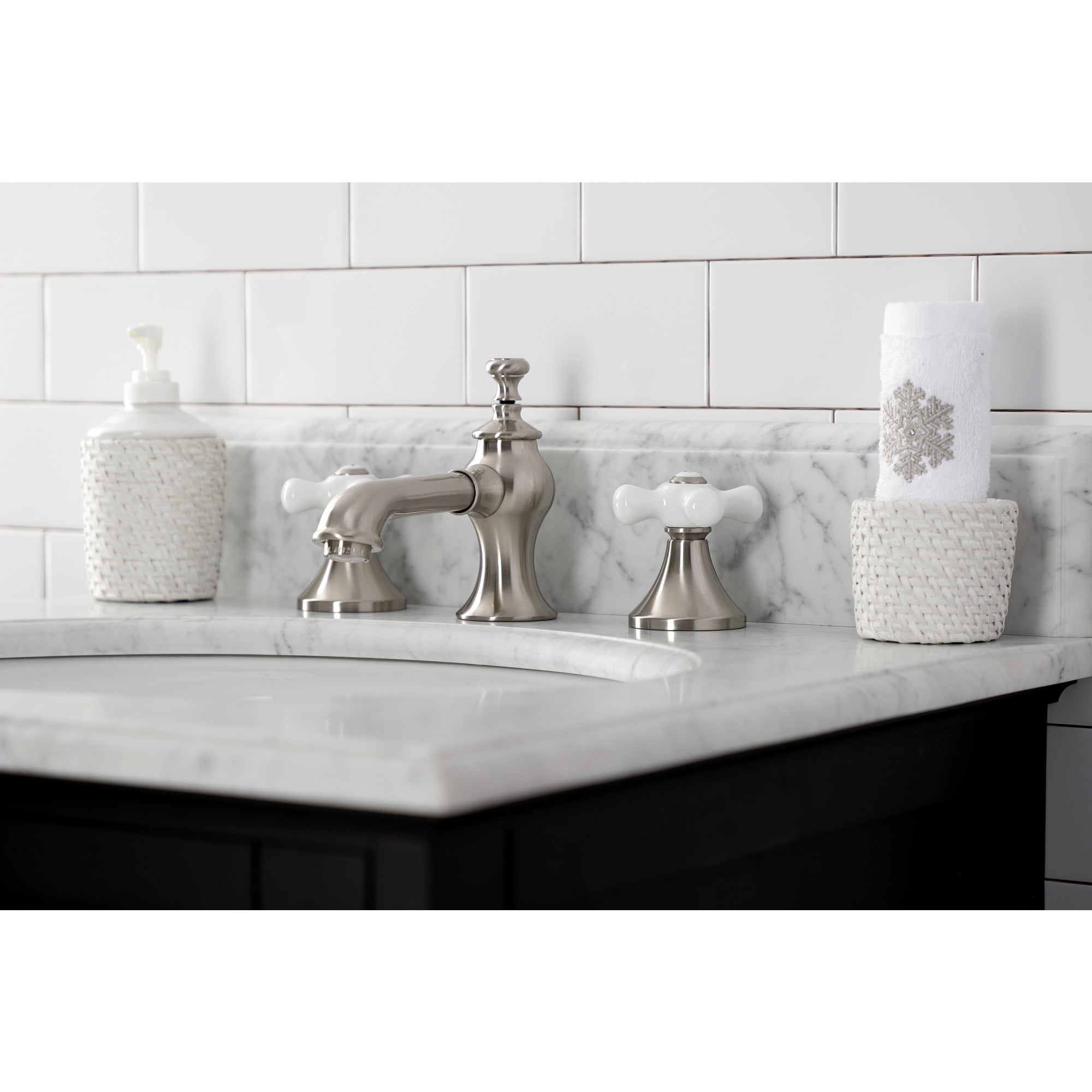 Kingston Brass KC7068PX Vintage Widespread Bathroom Faucet with Brass Pop-Up, Brushed Nickel