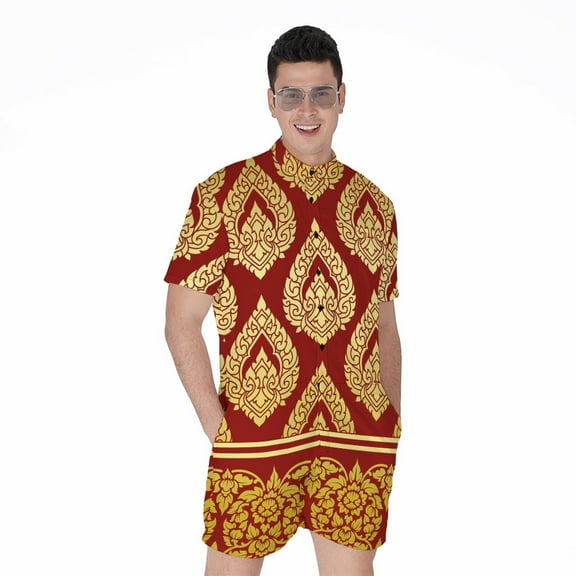 Traditional Thai Pattern Short Sleeve Men'S Rompers Casual Summer Jumpsuits Outfit
