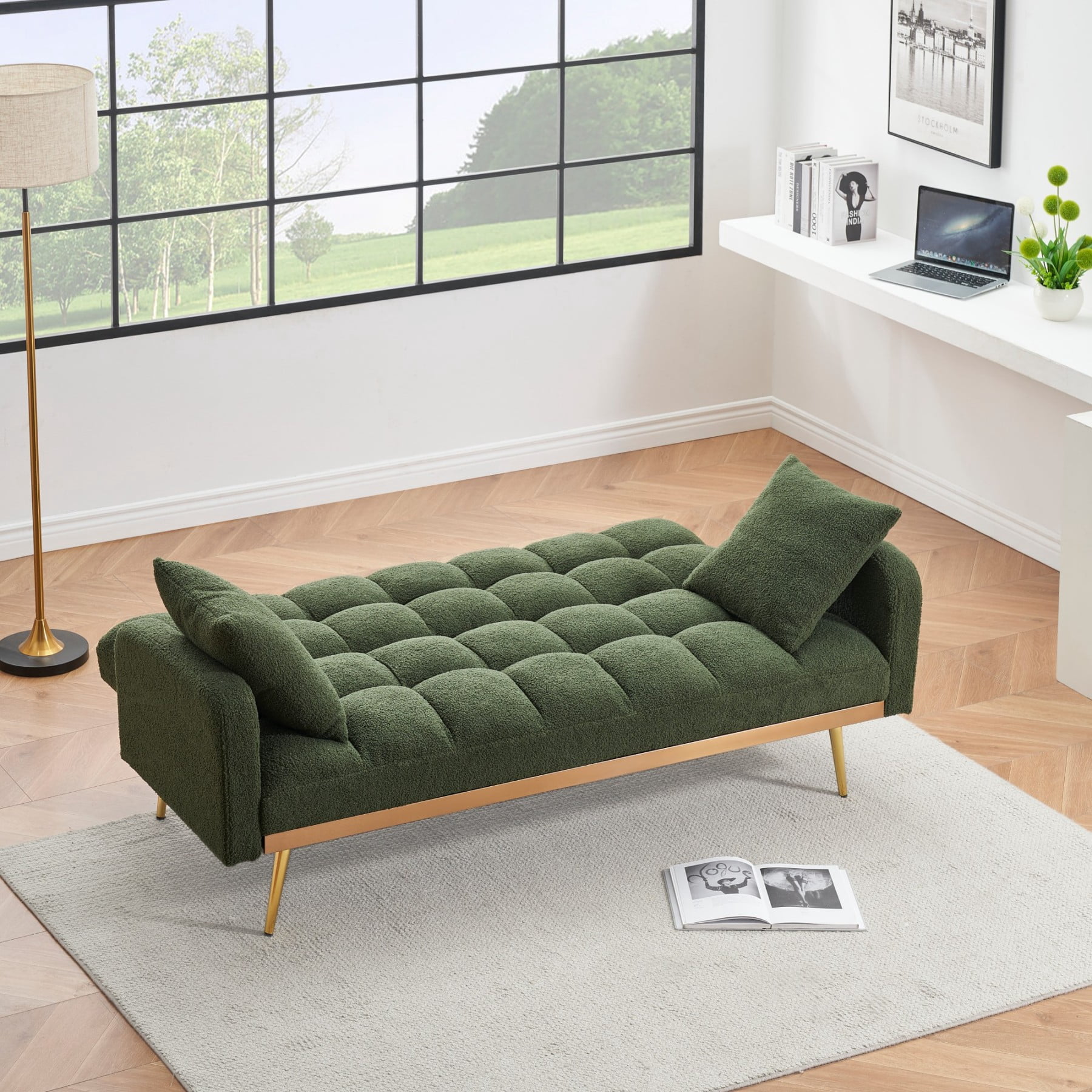 69" Sofa Bed, Adjustable Teddy Fabric Sleeper Sofa Couch with Removable Armrests for Living Room Bedroom, Green