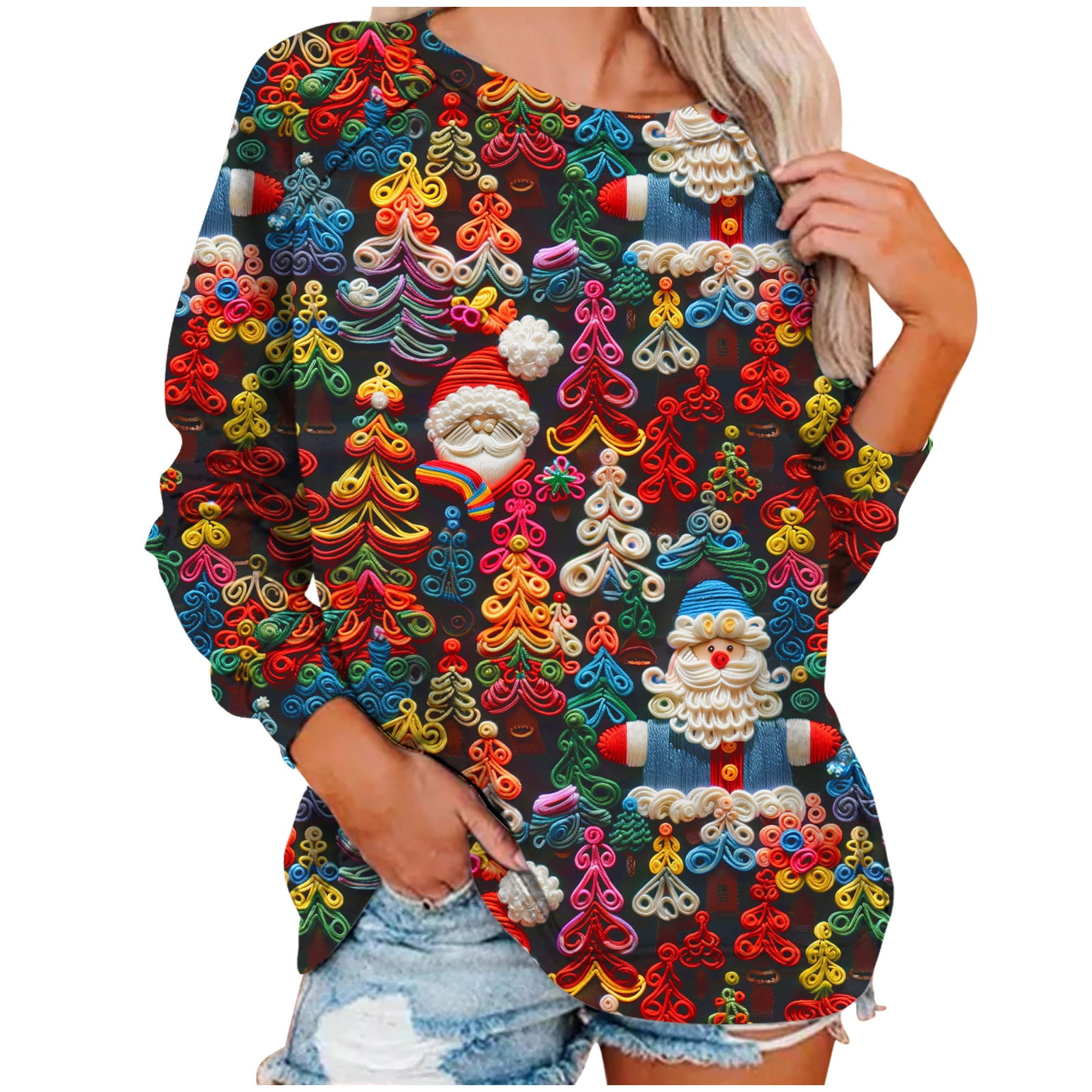 Women's Christmas 3D Graphic Sweatshirts Long Sleeve Crewneck Casual Loose Soft Comfy Holiday Pullover Shirts Tops
